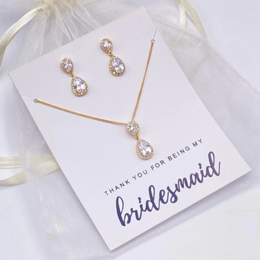 Lace & Favour Thank You For Being My Bridesmaid Gold Teardrop Crystal Jewellery Set Wholesale