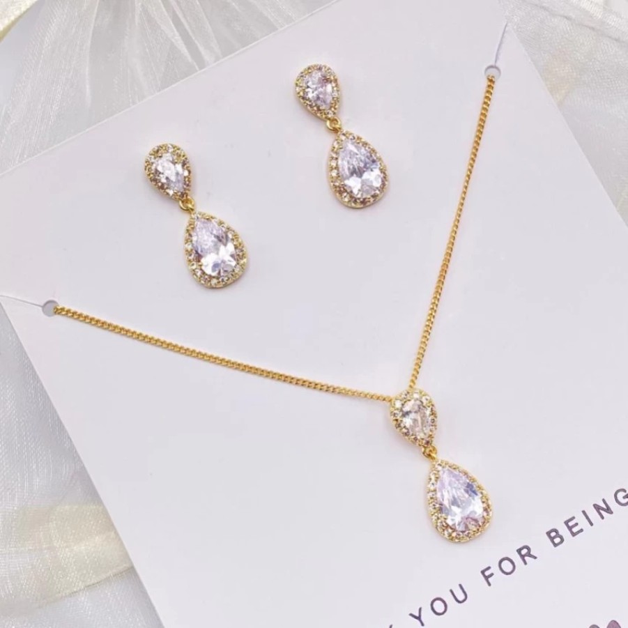 Lace & Favour Thank You For Being My Bridesmaid Gold Teardrop Crystal Jewellery Set Wholesale