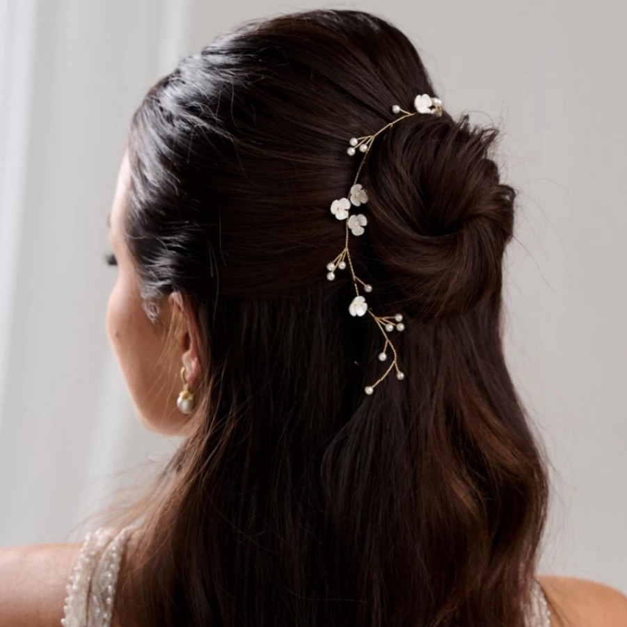 Lace & Favour Letisha Ivory Flowers And Pearl Sprigs Wedding Hair Vine (Gold) New