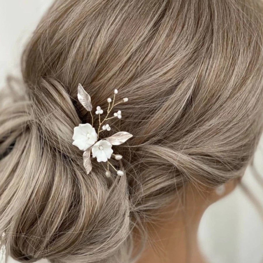 Lace & Favour Tulippa Porcelain Flowers And Champagne Gold Leaves Hair Pin Hot