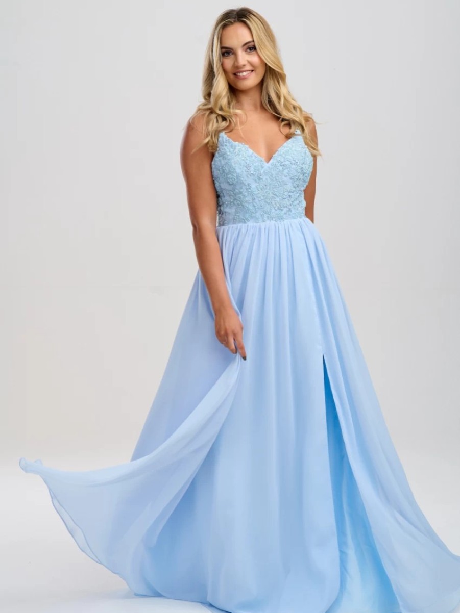 Linzi Jay Linzi Jay Pale Blue Beaded A Line Chiffon Prom Dress With Slit Clearance