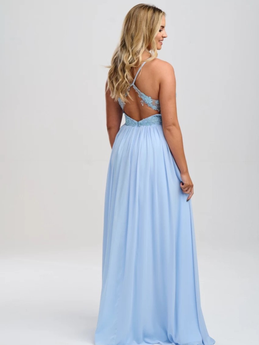 Linzi Jay Linzi Jay Pale Blue Beaded A Line Chiffon Prom Dress With Slit Clearance