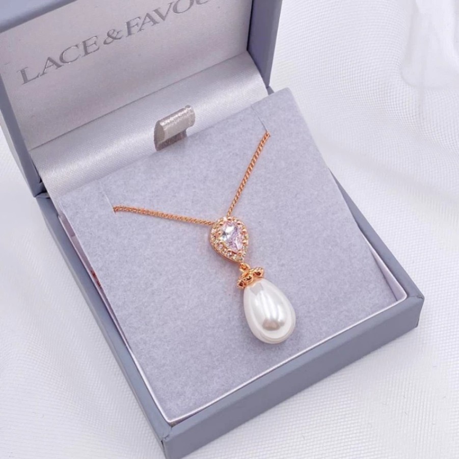 Lace & Favour Paloma Teardrop Pearl Pendant Necklace (Rose Gold) Wholesale