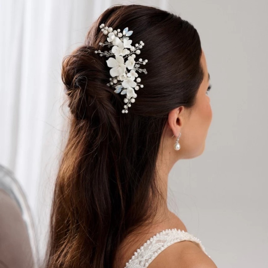 Lace & Favour Seychelles Ivory Porcelain Flowers, Pearl And Crystal Hair Comb Clearance