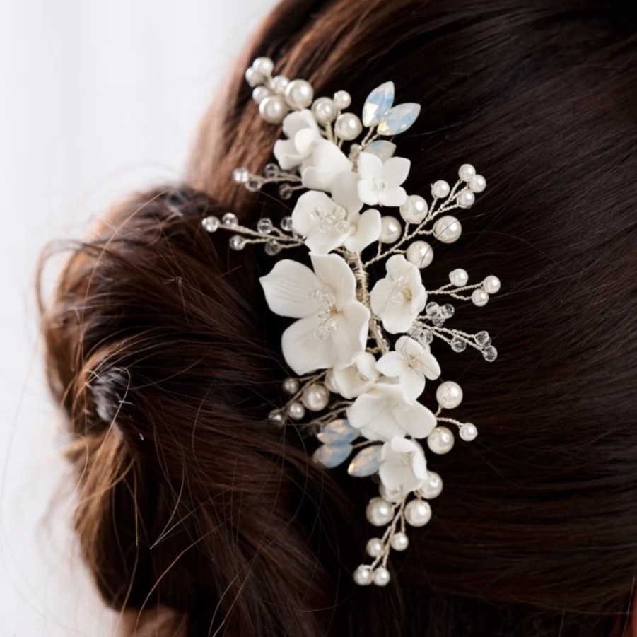 Lace & Favour Seychelles Ivory Porcelain Flowers, Pearl And Crystal Hair Comb Clearance