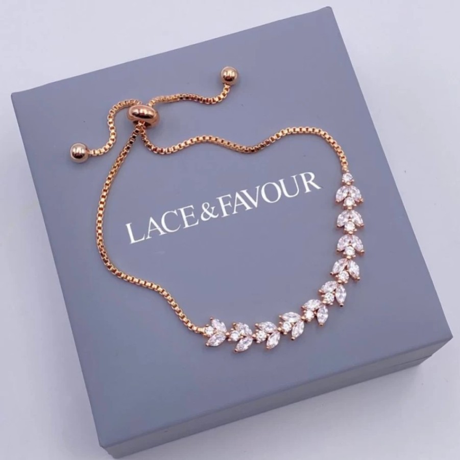 Lace & Favour Dotty Rose Gold Crystal Leaves Adjustable Bracelet Wholesale