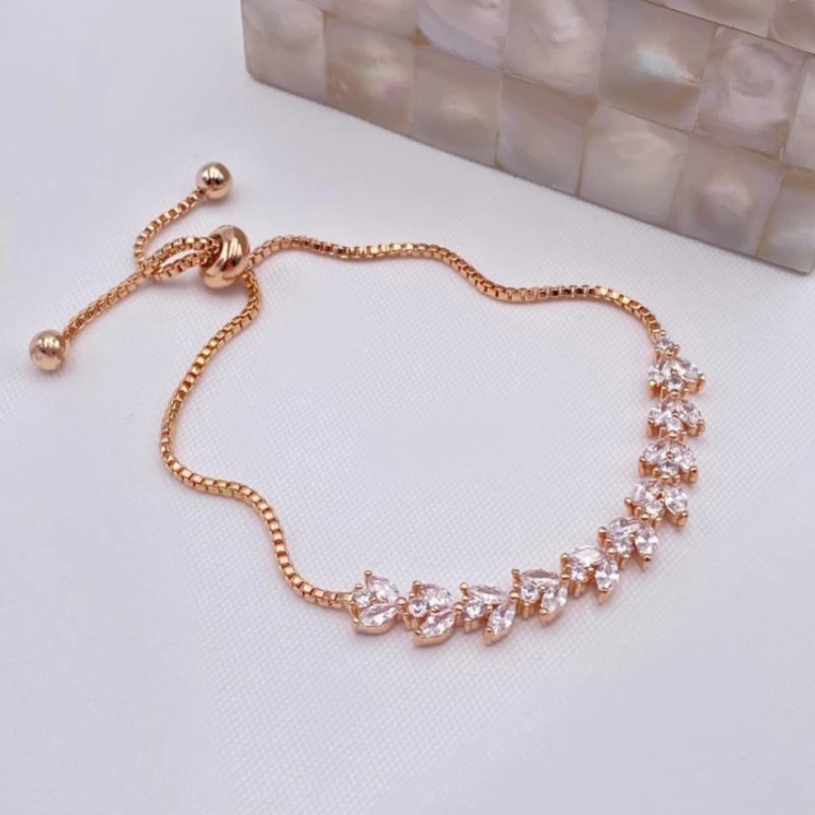 Lace & Favour Dotty Rose Gold Crystal Leaves Adjustable Bracelet Wholesale