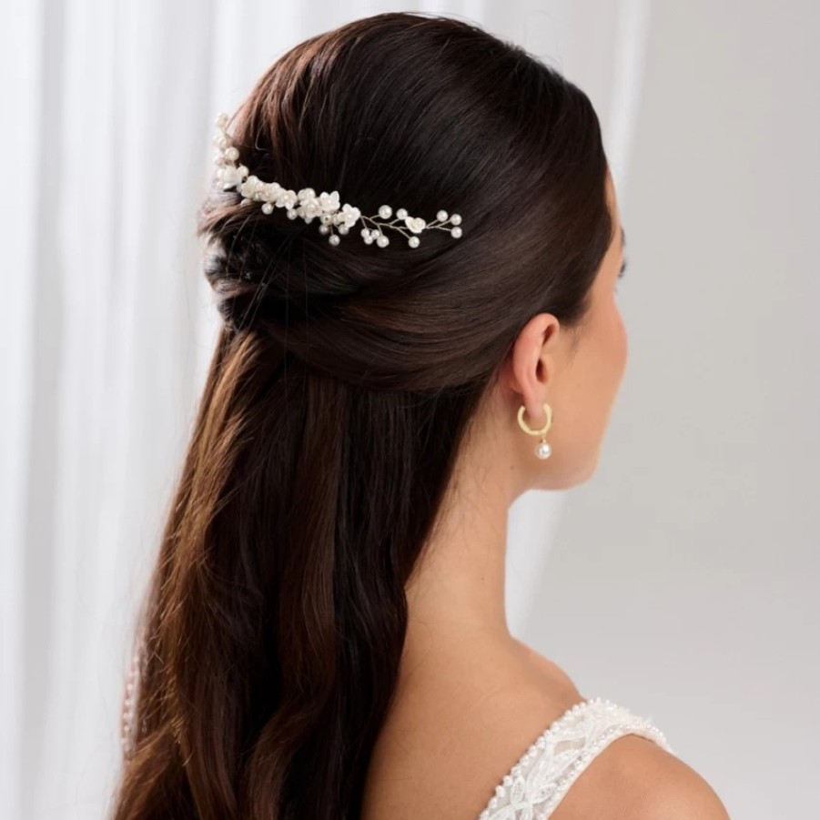 Lace & Favour Confetti Flowers And Pearl Hair Vine On Comb (Gold) Clearance