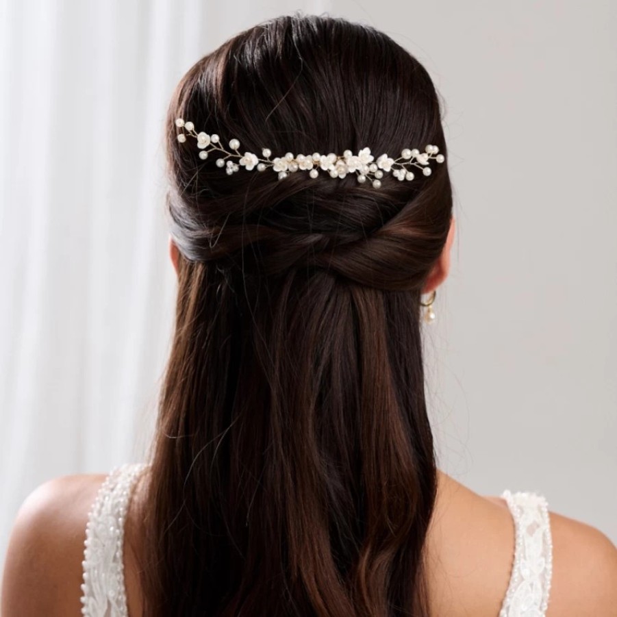 Lace & Favour Confetti Flowers And Pearl Hair Vine On Comb (Gold) Clearance