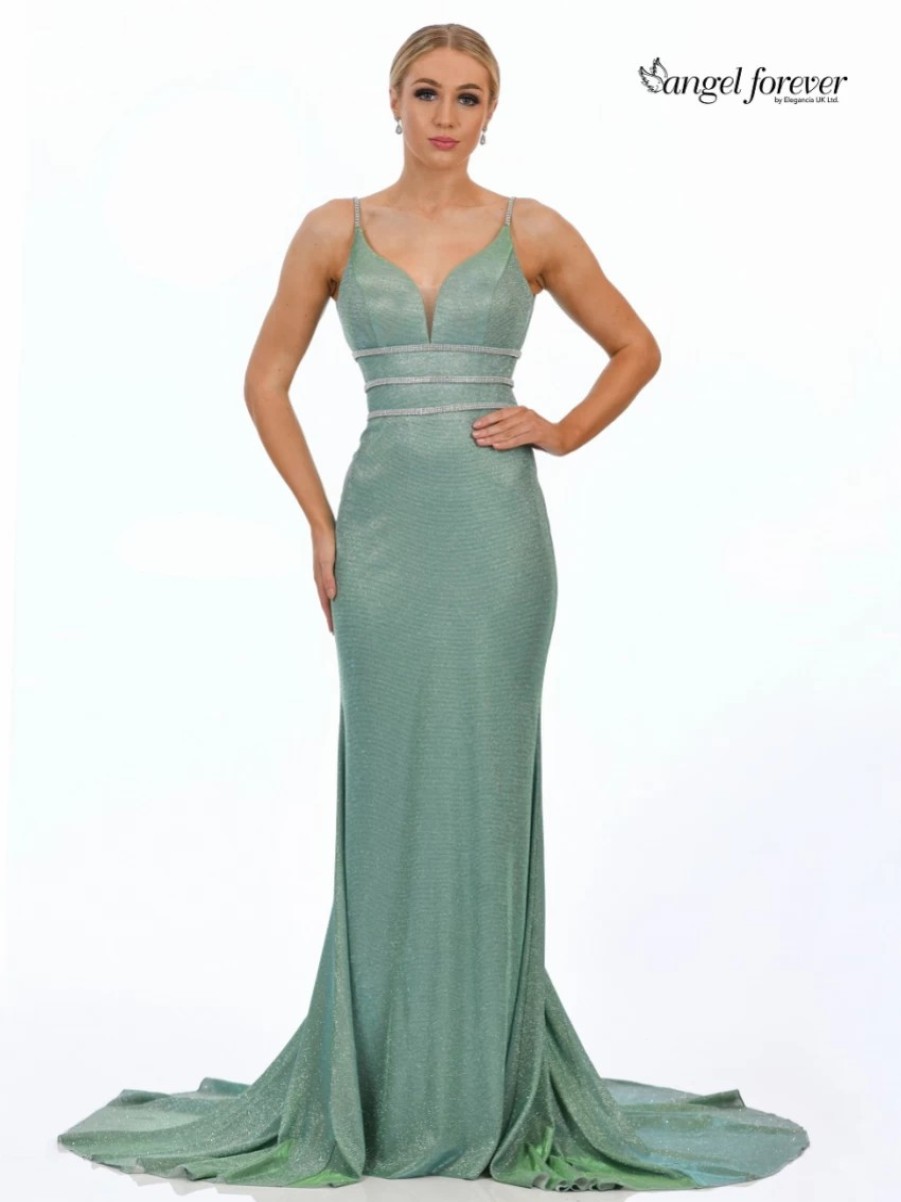 Angel Forever Angel Forever Shimmer Fabric Fishtail Prom Dress With Diamante Detail (Mint) Online