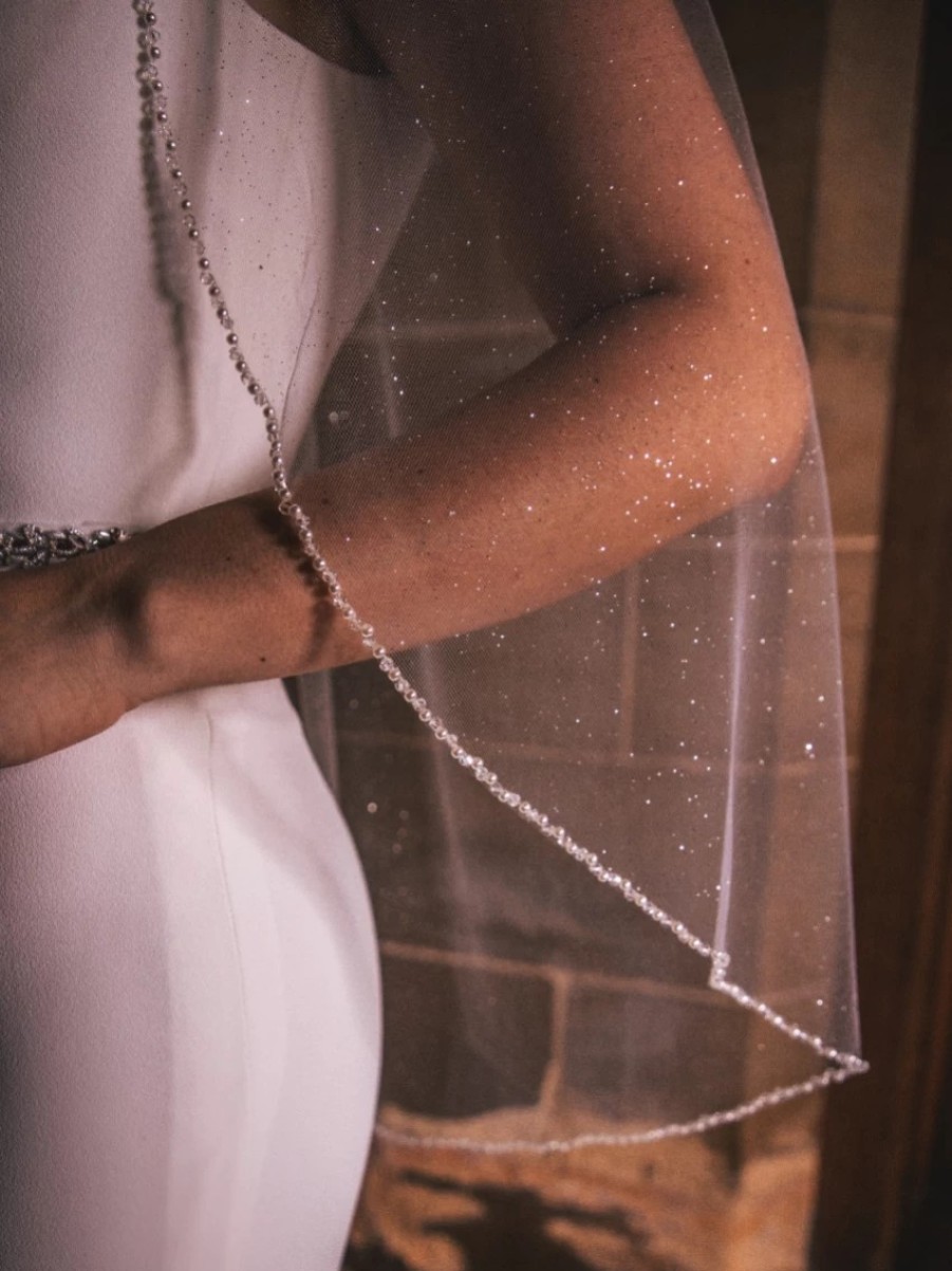 Perfect Bridal Perfect Bridal Ivory Single Tier Glitter Tulle Pearl And Crystal Edge Fingertip Veil Online