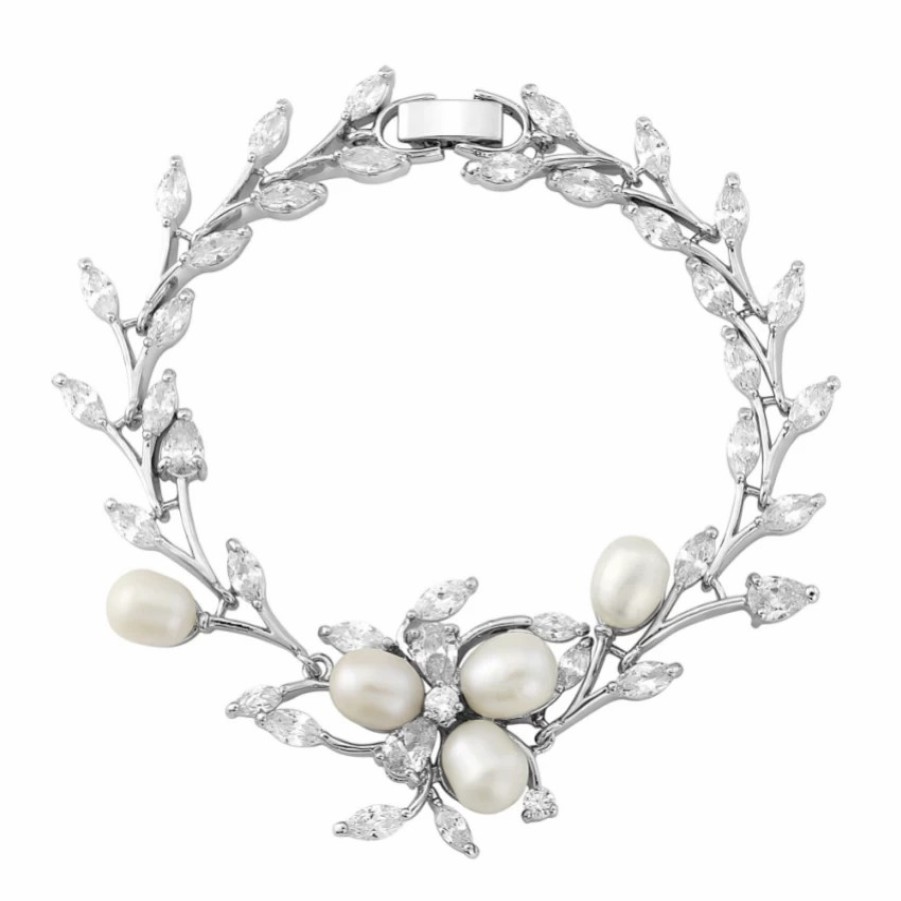 Lace & Favour Lola Freshwater Pearl And Crystal Leaves Wedding Bracelet (Silver) Best