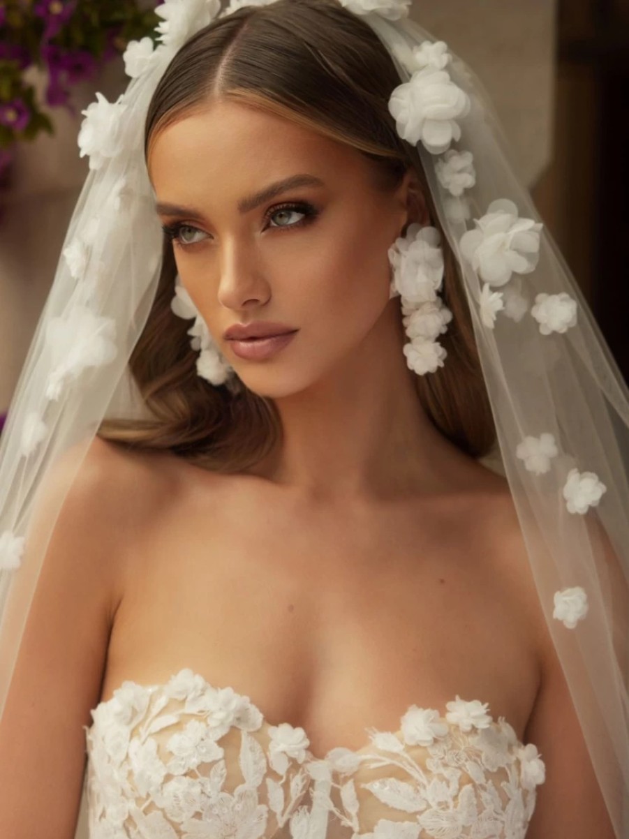 Bianco Evento Bianco Ivory Single Tier Cut Edge Short Veil With 3D Flowers S493 Best