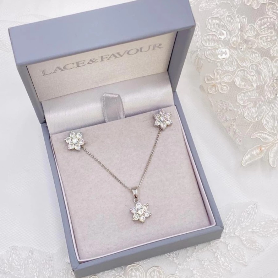 Lace & Favour Lanesborough Floral Crystal Stud Earring And Pendant Jewellery Set New