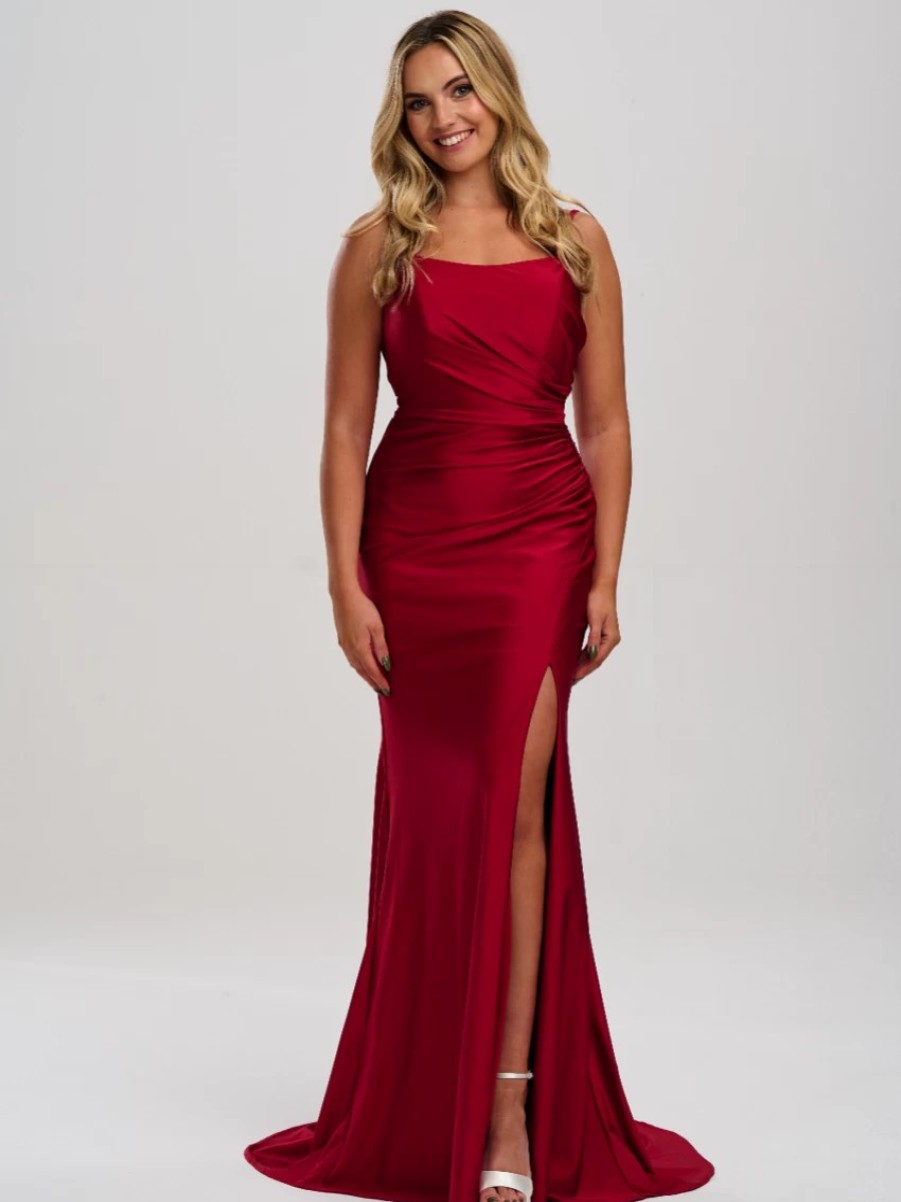 Linzi Jay Linzi Jay Crossover Back Ruched Stretch Satin Prom Dress With Slit Clearance