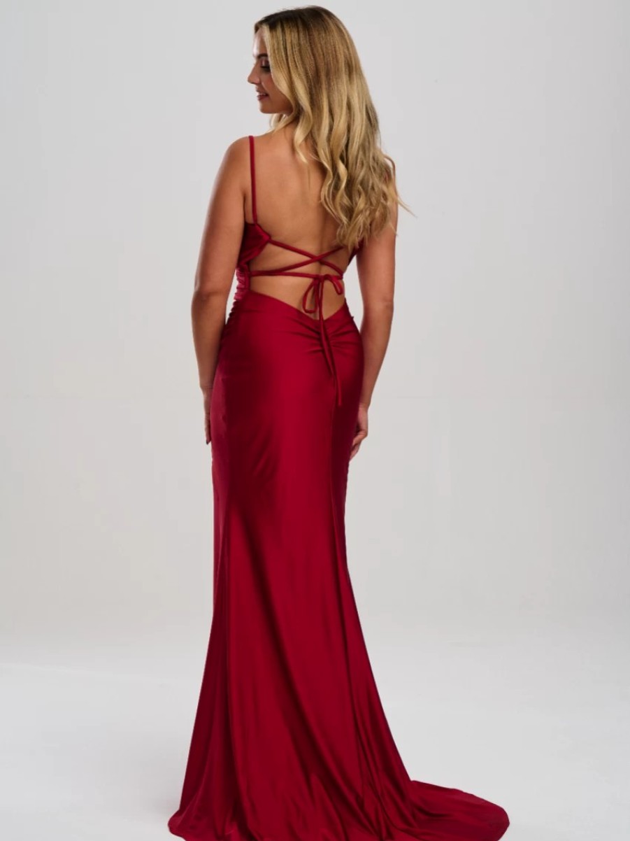 Linzi Jay Linzi Jay Crossover Back Ruched Stretch Satin Prom Dress With Slit Clearance