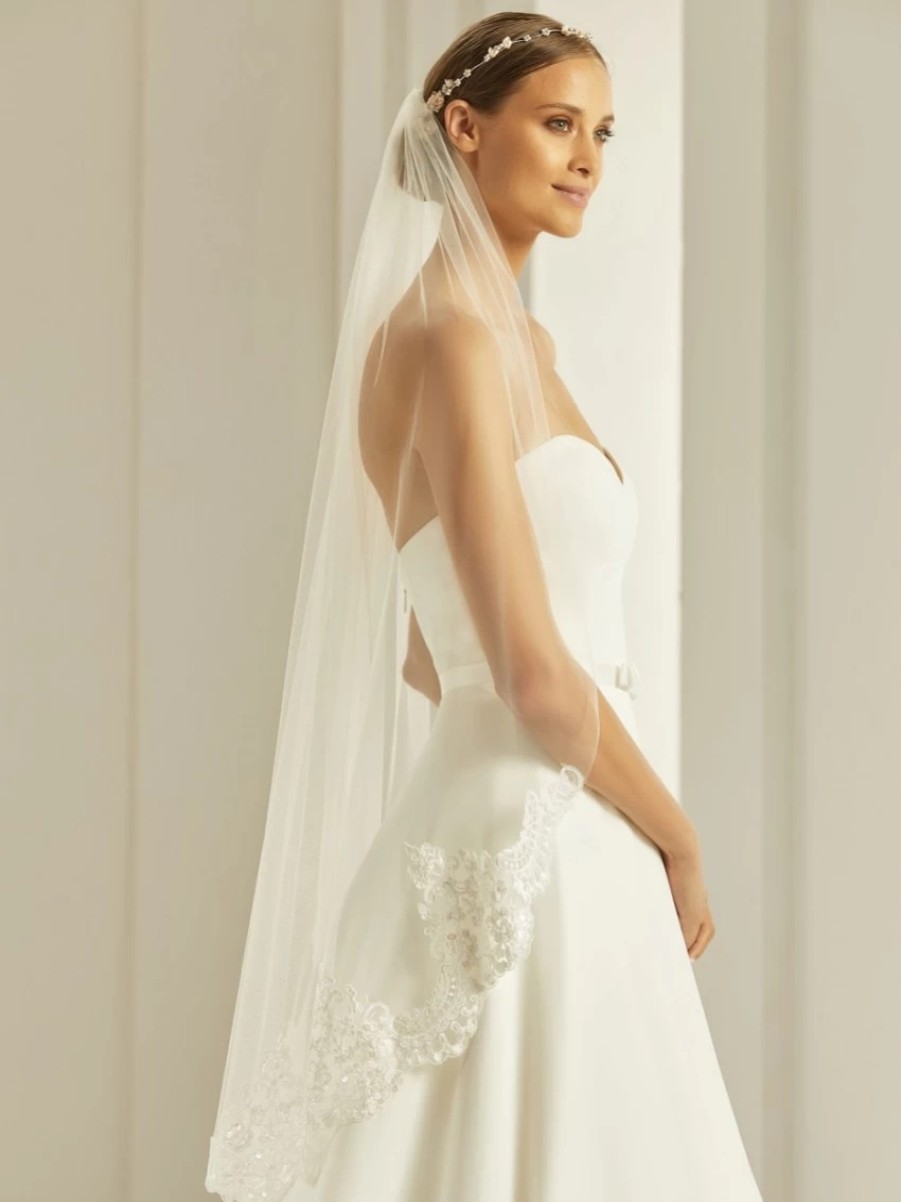 Bianco Evento Bianco Ivory Single Tier Fingertip Veil With Beaded Lace Edge S286 Online