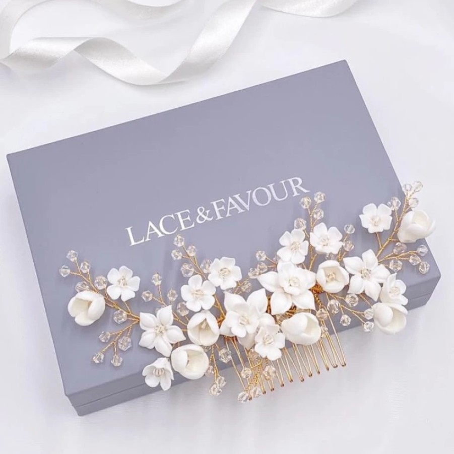 Lace & Favour Rosewood Porcelain Flowers And Crystal Hair Comb (Gold) Best