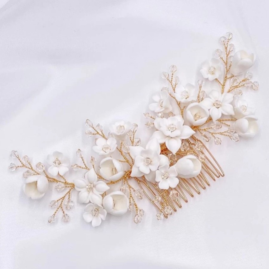 Lace & Favour Rosewood Porcelain Flowers And Crystal Hair Comb (Gold) Best