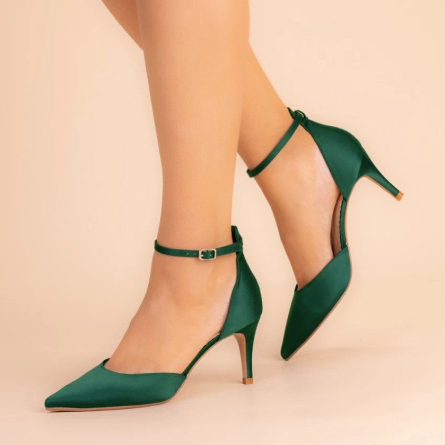 Perfect Bridal Perfect Bridal Daniella Green Satin Mid Heel Ankle Strap Court Shoes New