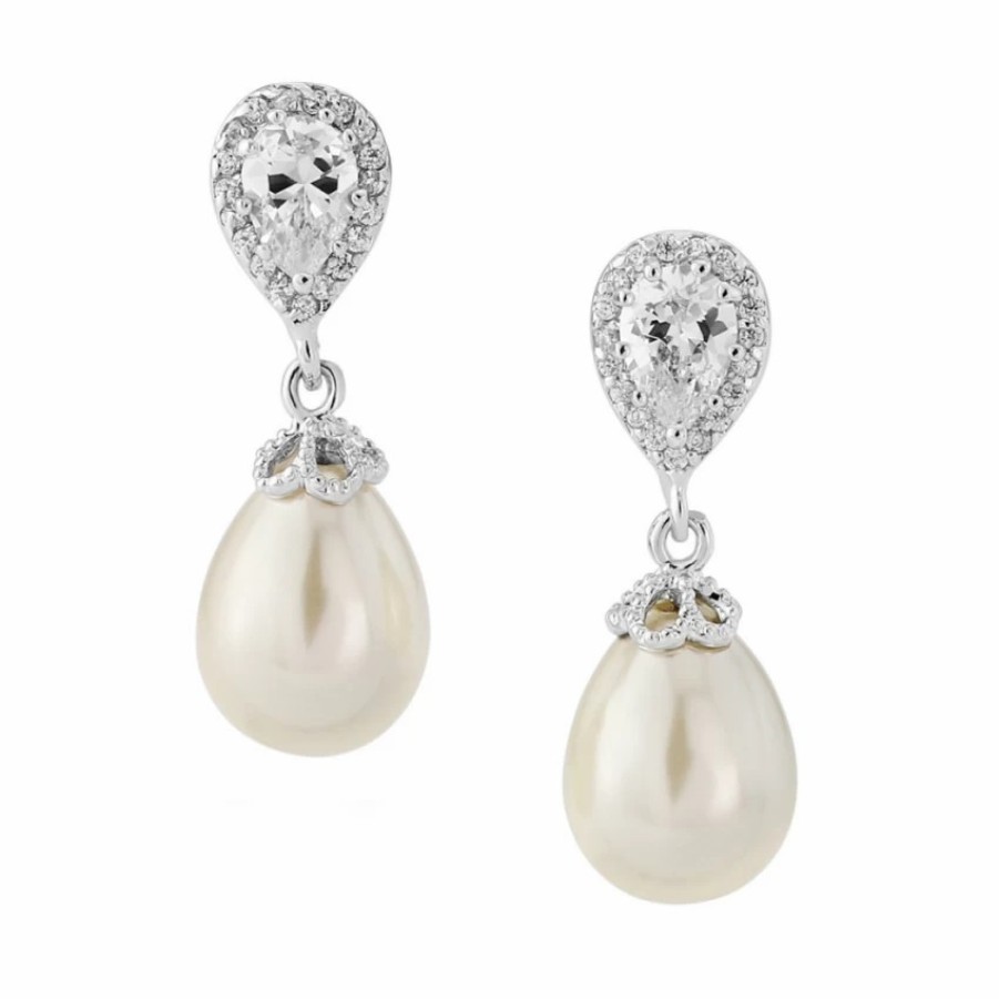 Lace & Favour Paloma Teardrop Pearl Wedding Earrings (Silver) Hot