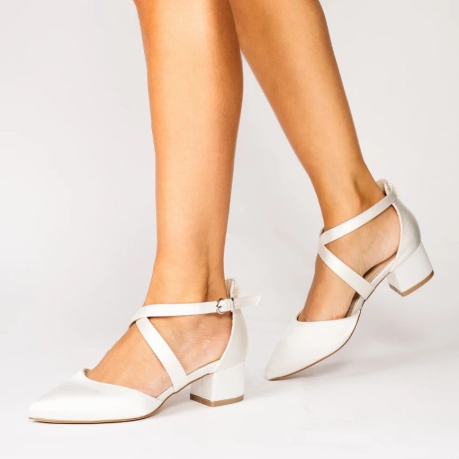 Pink Paradox London Paradox London Blanche Dyeable Ivory Satin Wide Fit Cross Strap Low Block Heels New