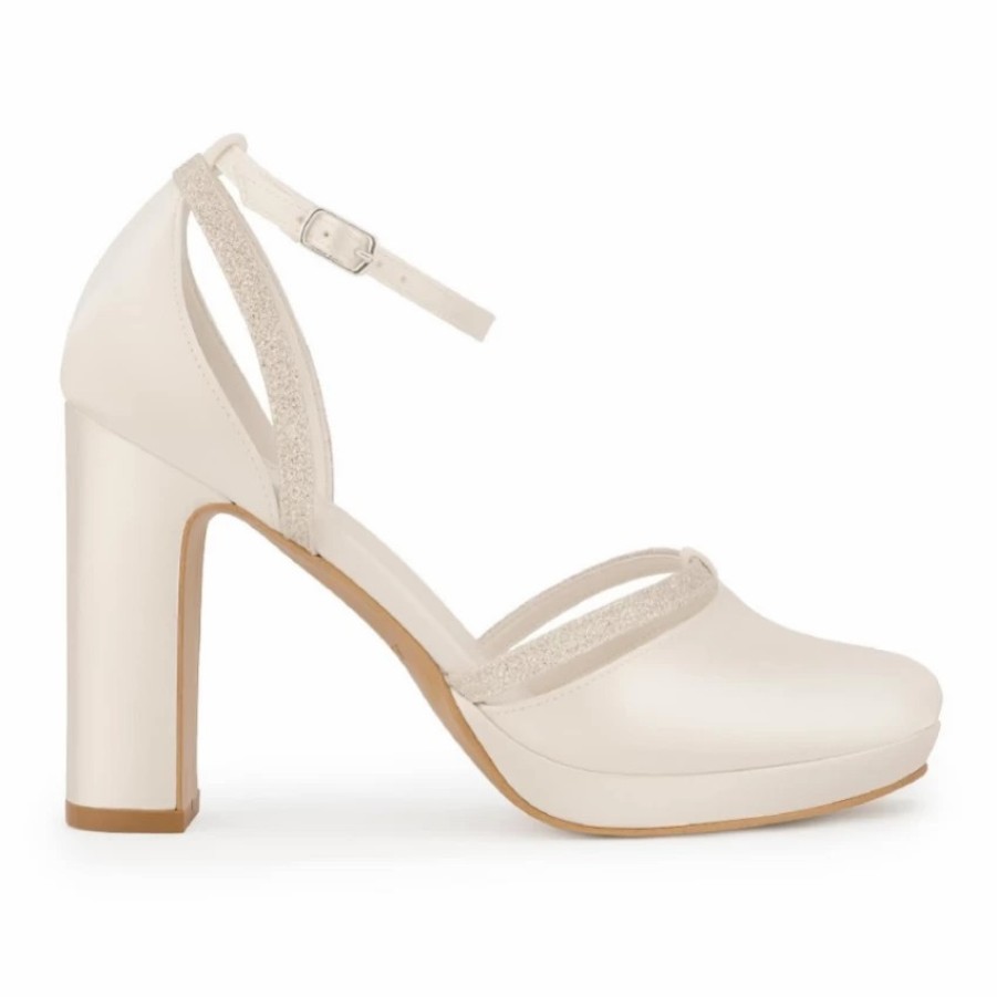 Avalia Shoes Avalia Mary Ivory Satin And Silver Glitter Block Heel Ankle Strap Shoes Hot