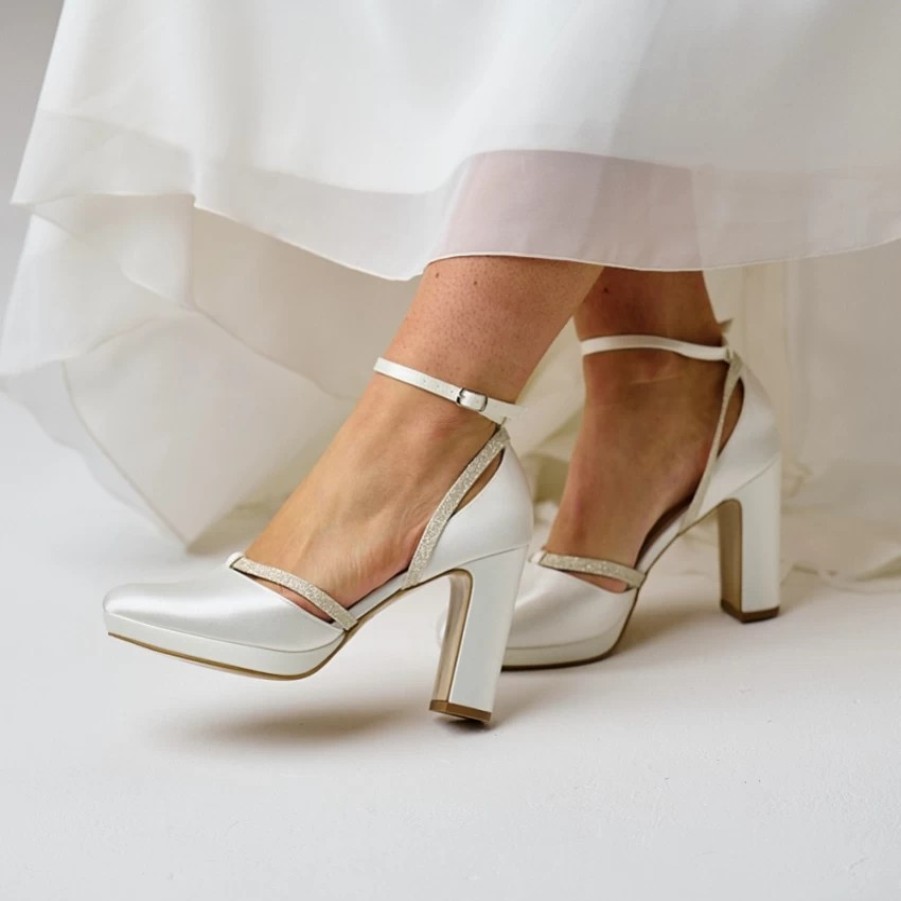 Avalia Shoes Avalia Mary Ivory Satin And Silver Glitter Block Heel Ankle Strap Shoes Hot