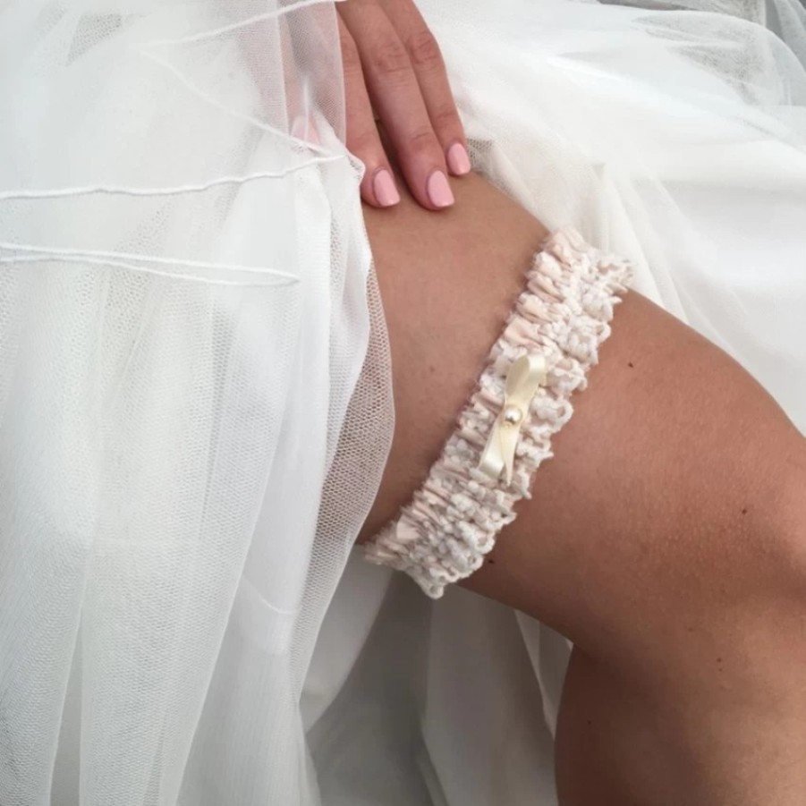 Boudoir Couture Harmony Blush Silk And Ivory Lace Wedding Garter With Pearl Bow Clearance