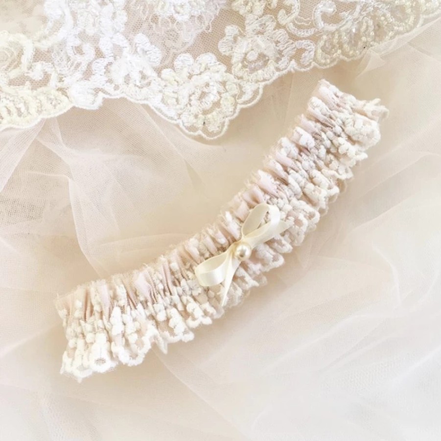 Boudoir Couture Harmony Blush Silk And Ivory Lace Wedding Garter With Pearl Bow Clearance