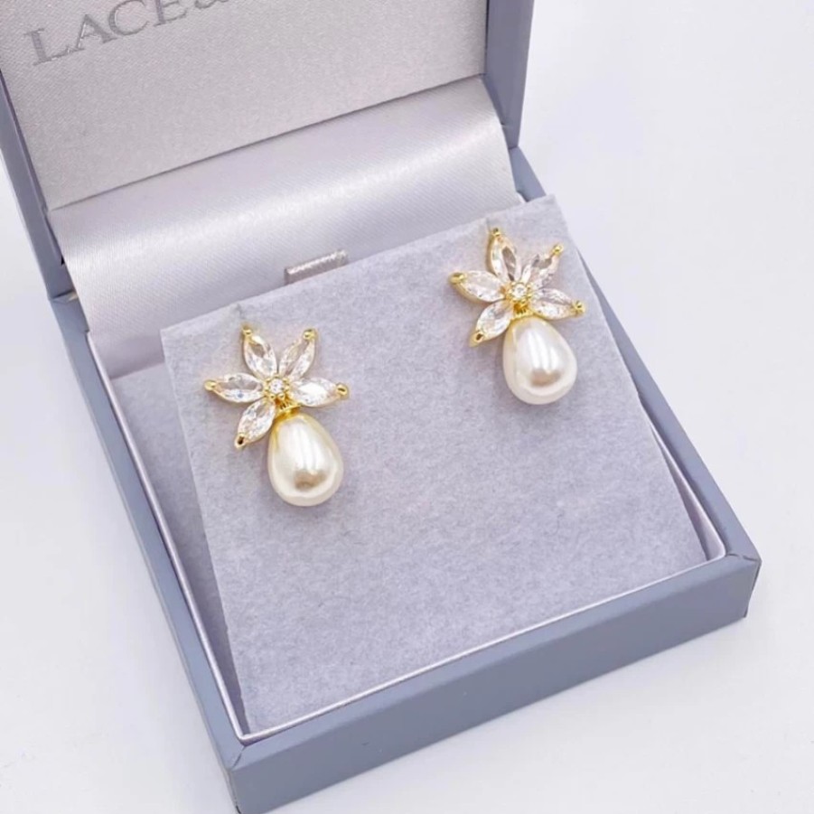 Lace & Favour Sahara Gold Crystal Leaves And Teardrop Pearl Earrings Wholesale