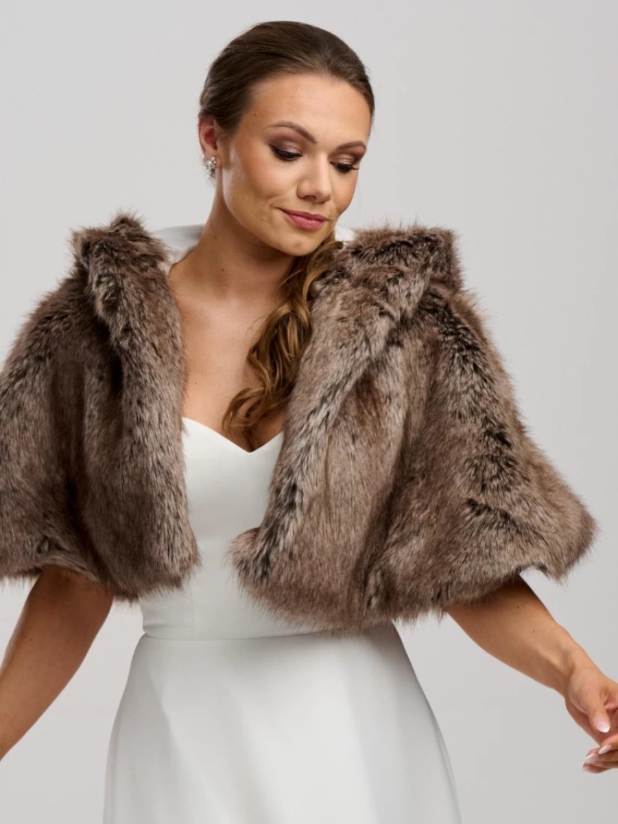 Helen Moore Helen Moore Truffle Faux Fur Short Hooded Bridal Cape Clearance