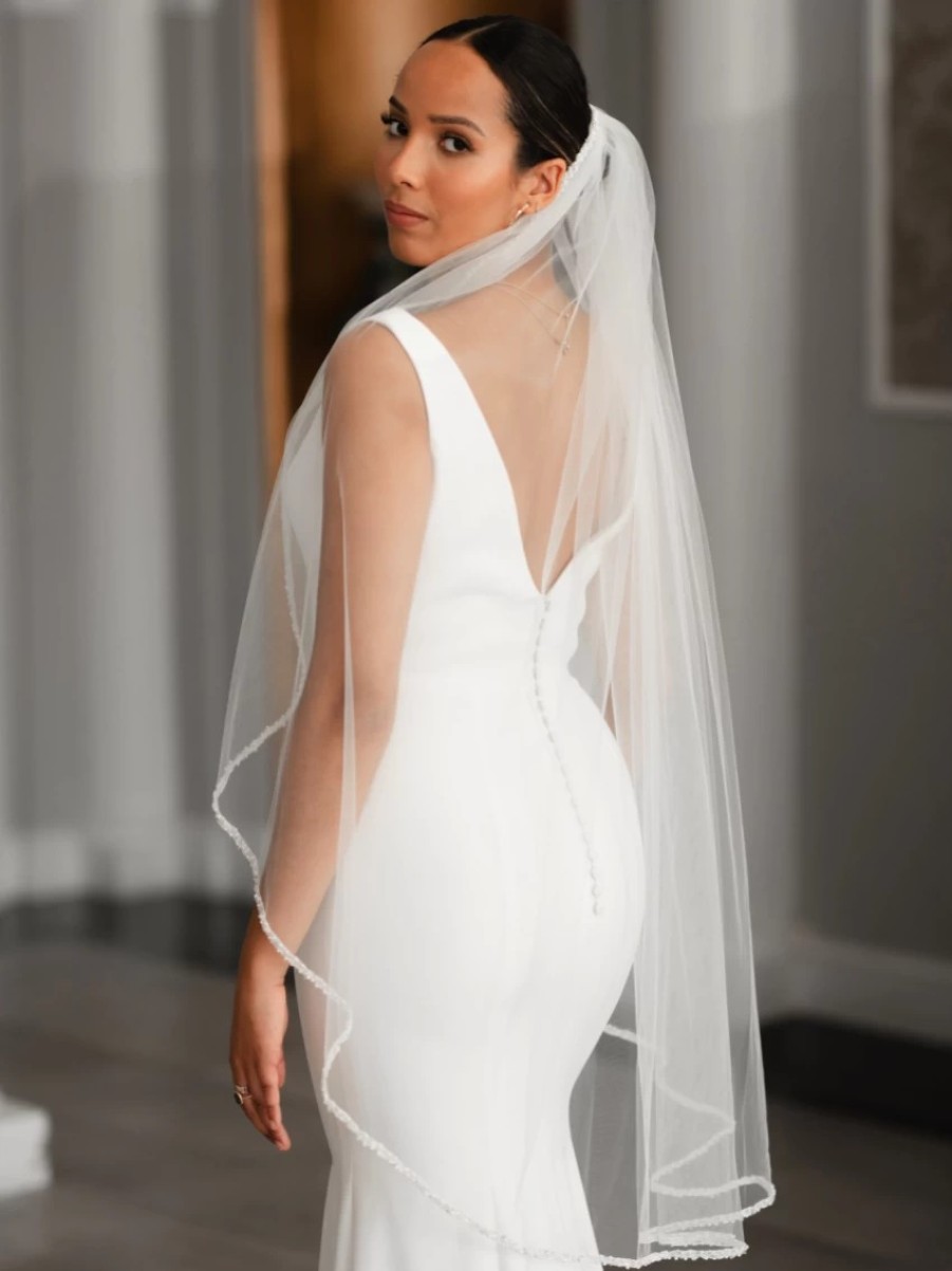 Linzi Jay Linzi Jay Ivory Single Tier Crystal And Pearl Beaded Edge Veil La628 Hot