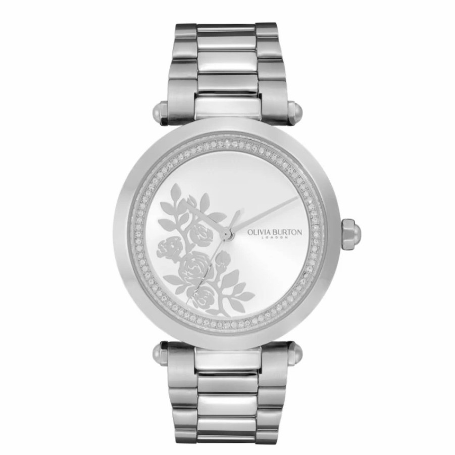 Olivia Burton Olivia Burton Floral 34Mm Silver Bracelet Watch With Crystal Detail New