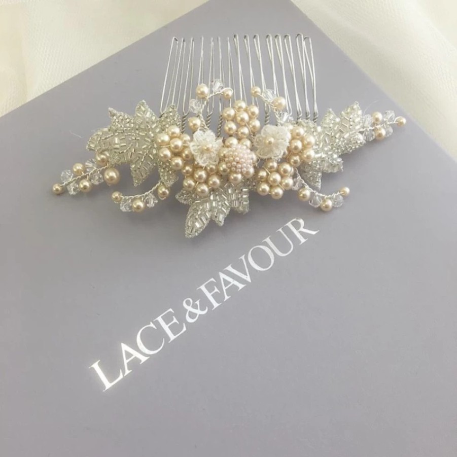 Beads & Beyond Elouise Beaded Leaves And Champagne Pearl Vintage Inspired Hair Comb Hot