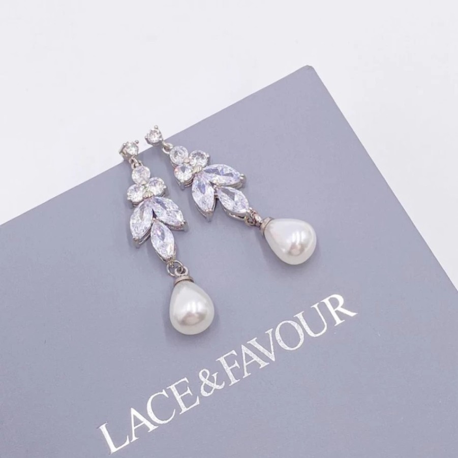 Lace & Favour Barcelona Silver Crystal And Pearl Drop Earrings Best