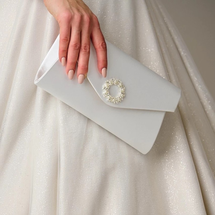 Perfect Bridal Perfect Bridal Bridget Dyeable Ivory Satin Pearl Brooch Envelope Clutch Bag New