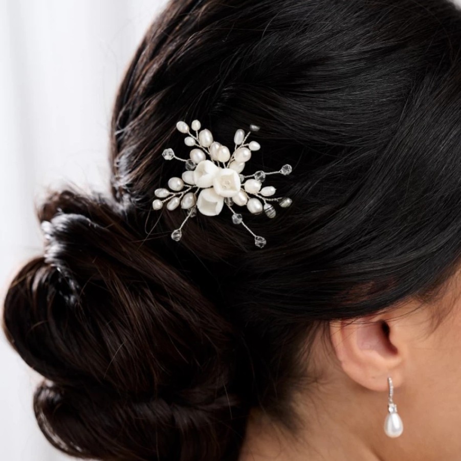 Lace & Favour Snowdrop Porcelain Flowers And Freshwater Pearl Hair Pin (Silver) Online