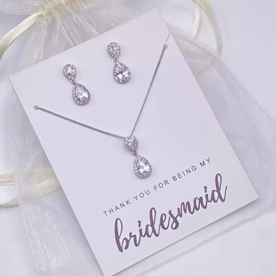 Lace & Favour Thank You For Being My Bridesmaid Silver Teardrop Crystal Jewellery Set New