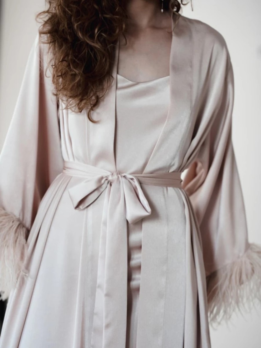 Arianna Arianna Florence Feather Sleeve Satin Bridal Robe (Coffee) Clearance