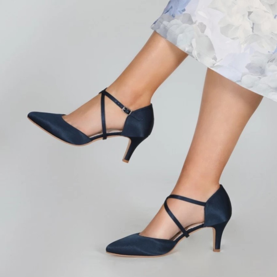 Perfect Bridal Perfect Bridal Sonya Navy Satin Mid Heel Courts With Crossover Straps Clearance