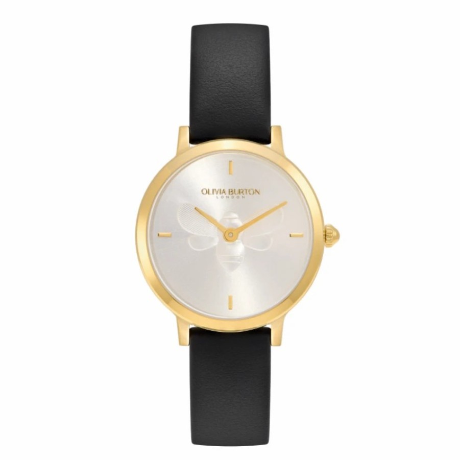 Olivia Burton Olivia Burton Bee 28Mm Ultra Slim Gold And Black Leather Strap Watch Clearance