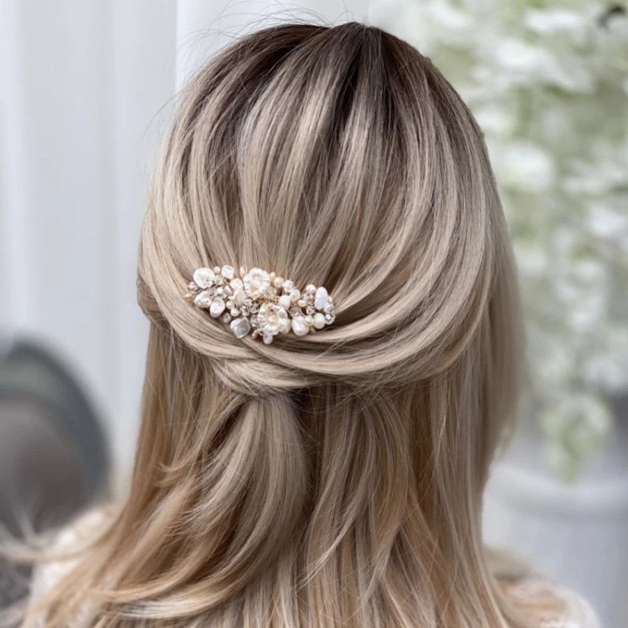 Poirier Deloras Gold Freshwater Pearl And Flowers Mini Hair Comb Clearance