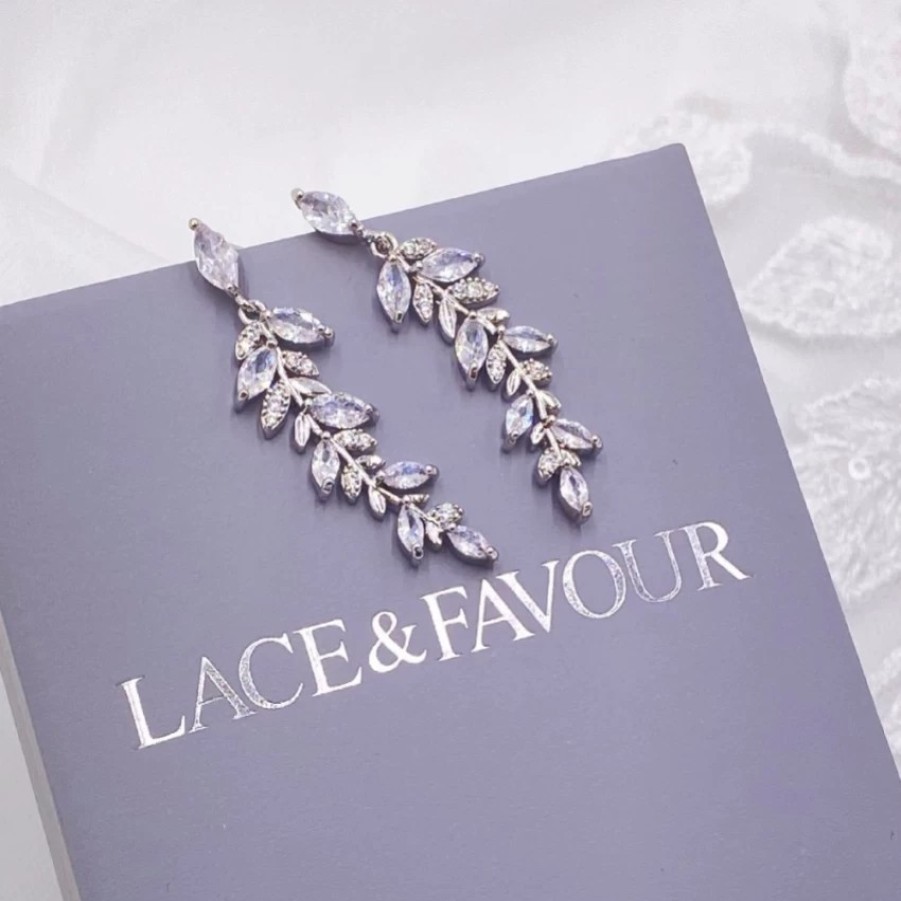 Lace & Favour Fern Silver Sparkly Crystal Leaves Earrings Wholesale