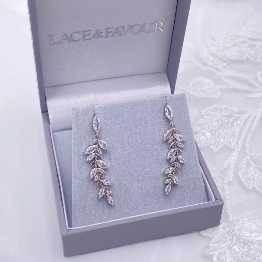 Lace & Favour Fern Silver Sparkly Crystal Leaves Earrings Wholesale