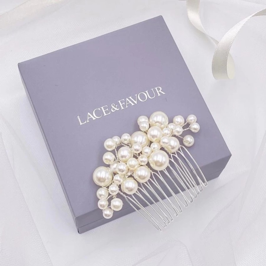 Lace & Favour Michaela Small Pearl Silver Hair Comb Best