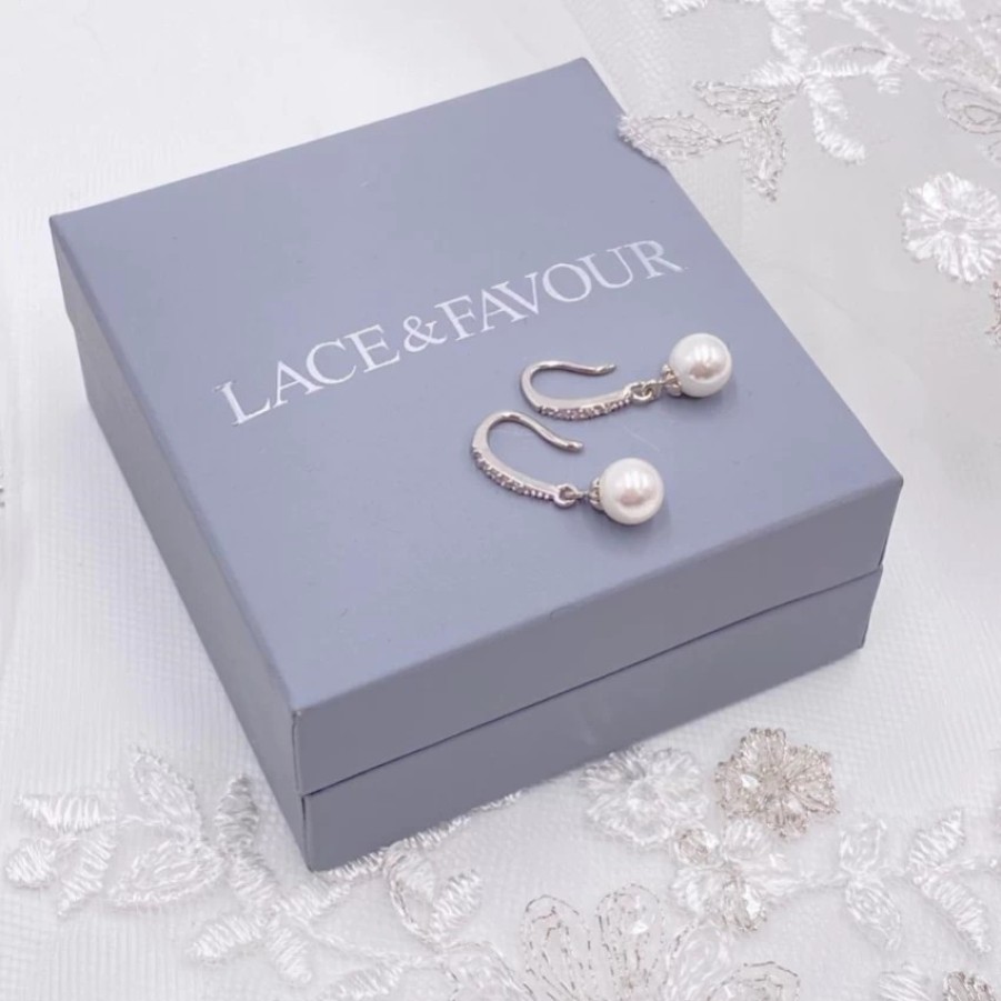 Lace & Favour Chloe Silver Dainty Pearl Drop Wedding Earrings New