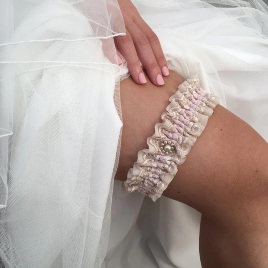 Boudoir Couture Serenity Nude Lace Vintage Wedding Garter With Pearl Trim Hot