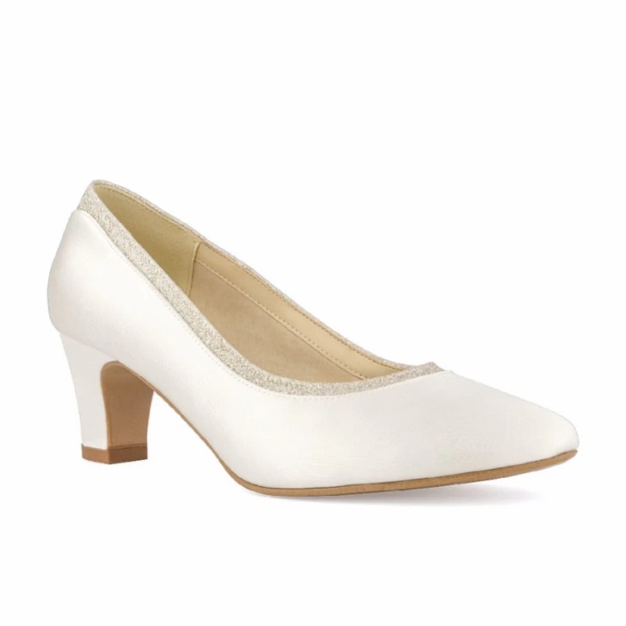 Avalia Shoes Avalia Mandy Ivory Satin And Silver Glitter Low Heel Court Shoes Clearance