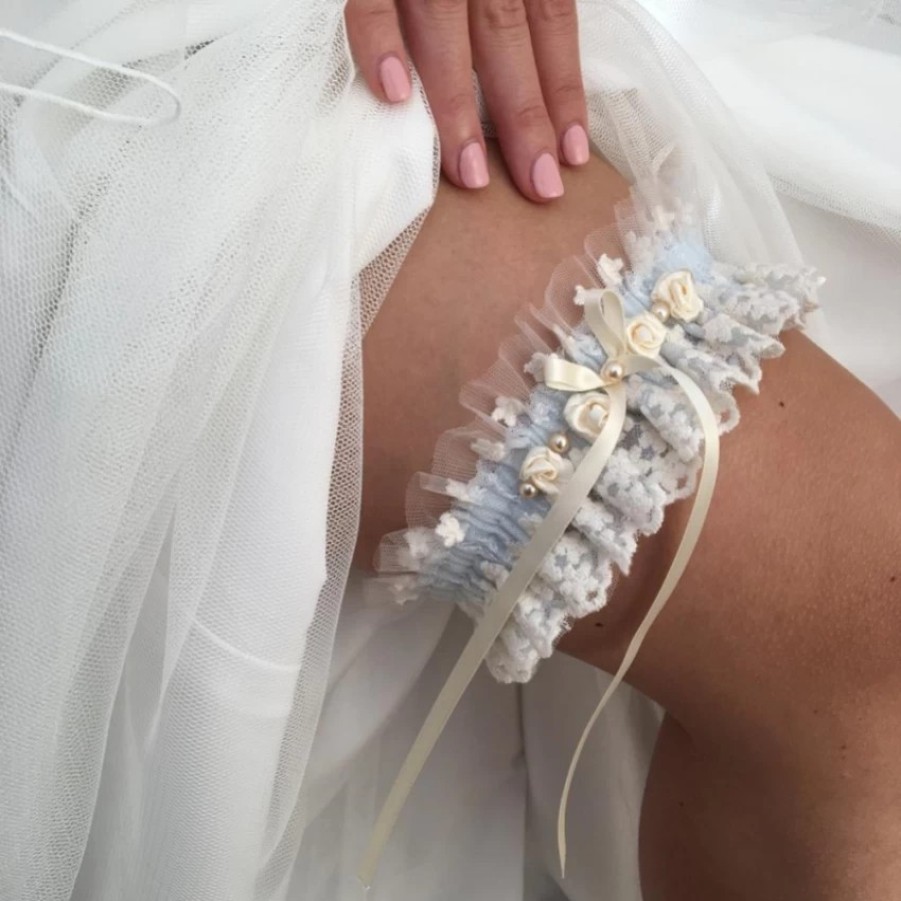 Boudoir Couture Rhapsody Blue Lace And Ivory Tulle Vintage Garter With Rose Detail Online